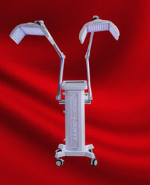 Appareil-dispositif-de-photobiomodulation-PBM-therapie-laser-rouge-proche-infrarouge-bleu-avec-2-tetes-equipees-de-panneaux-led-tres-puissants-le-tout-sur-roulettes