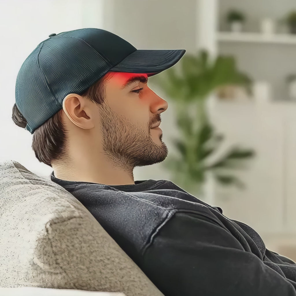 un homme enlève sa casquette dont l' intérieur est couvert de très nombreuses leds rouge et proche infrarouge dispositif de photobiomodulaiton